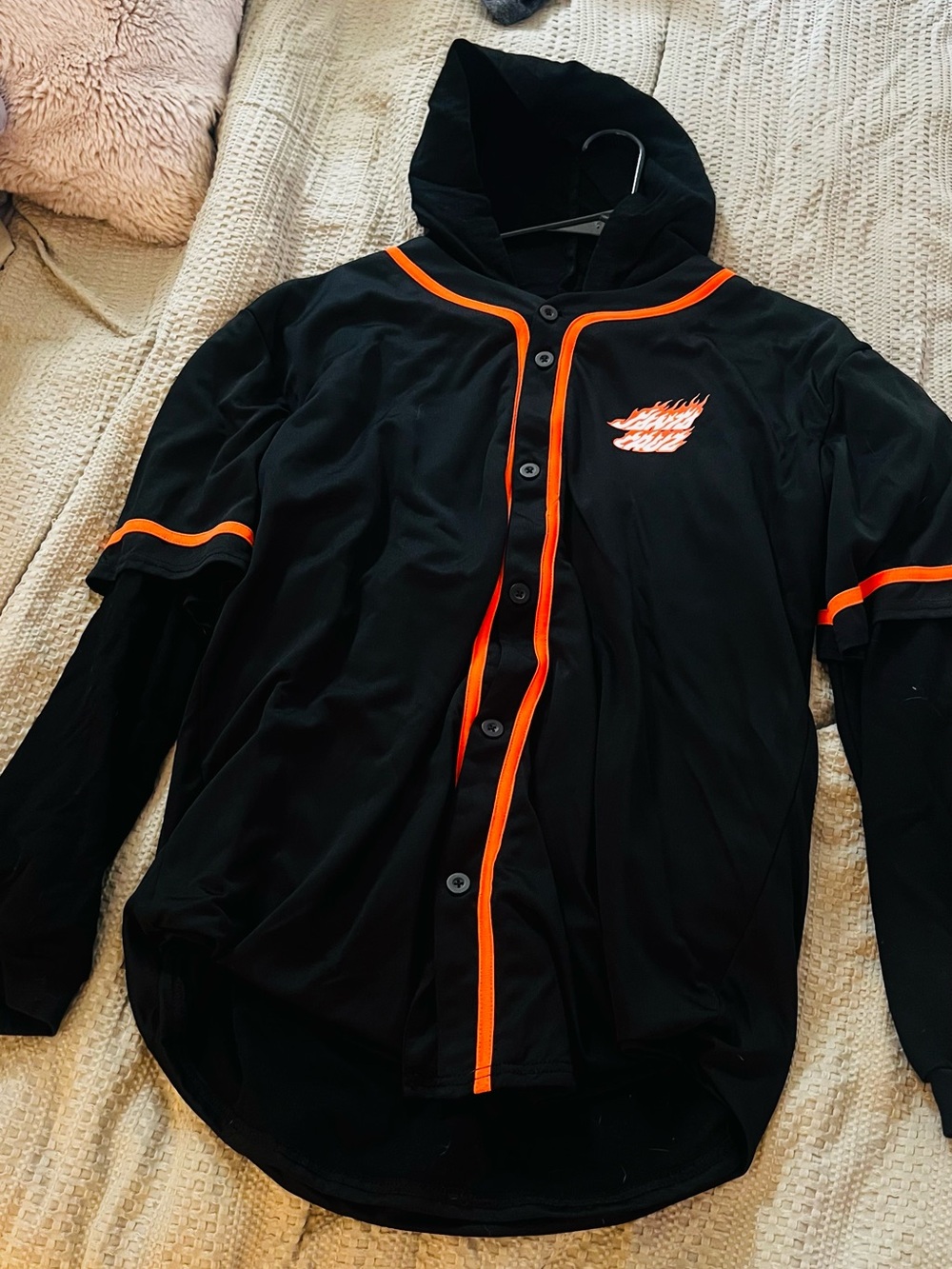 Santa Cruz Skateboards Black Hooded Button-Front Jersey with Orange Trim